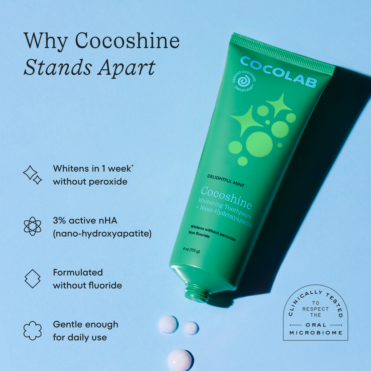 Cocoshine toothpaste tube with product features on a blue background