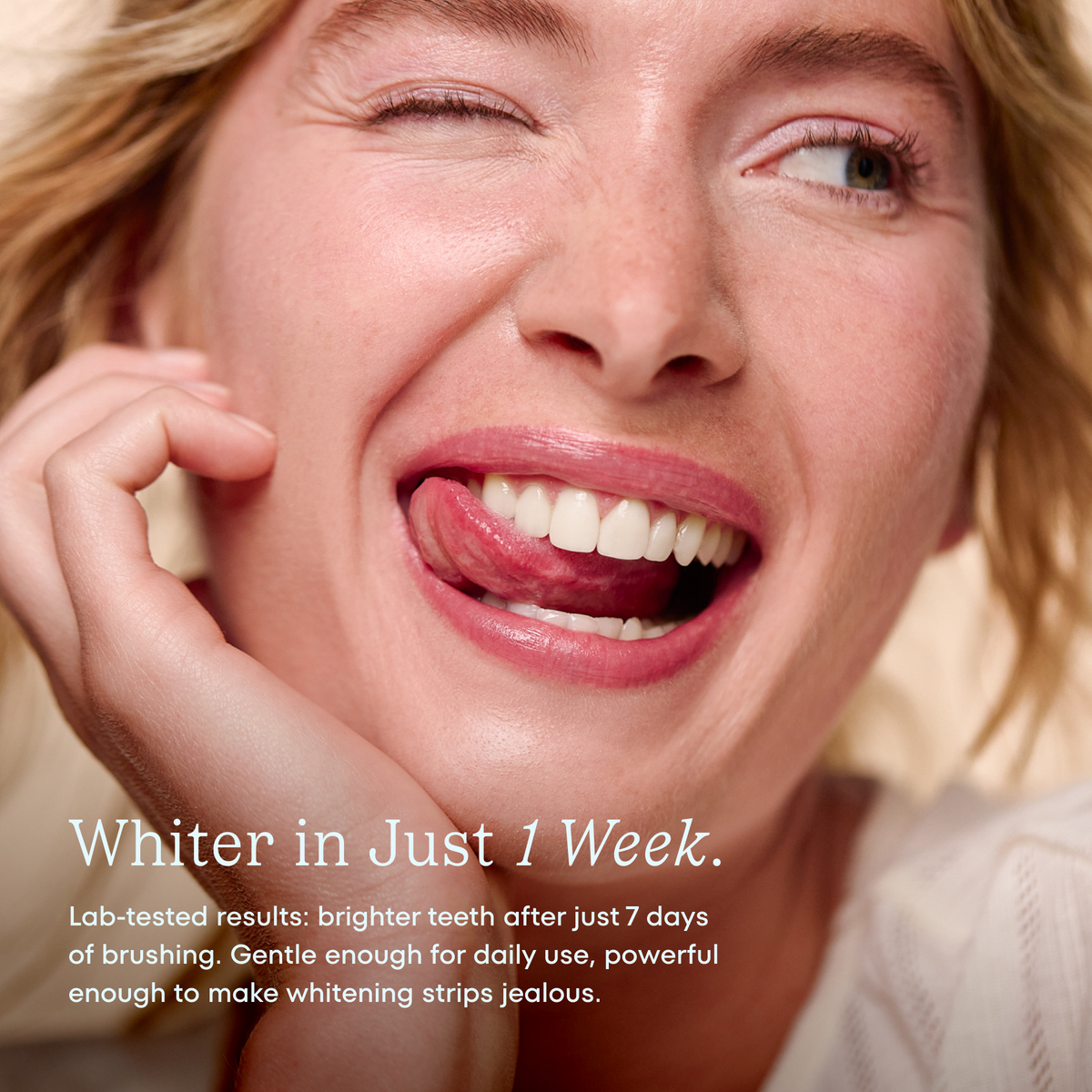 Woman with a bright smile and text about teeth whitening in just 1 week.