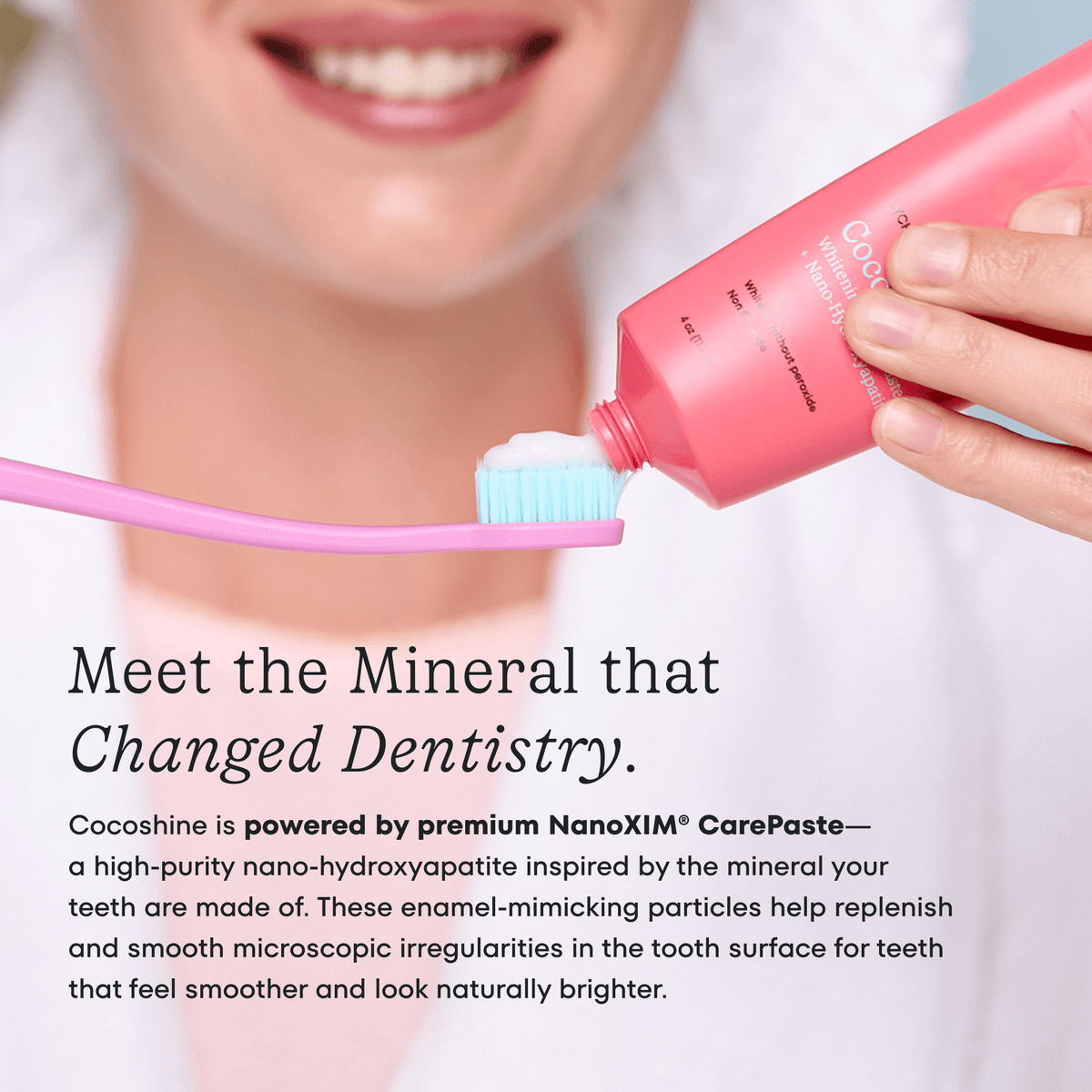 Person holding a pink toothbrush with toothpaste and a bottle, with text about Cocoshine dental product.