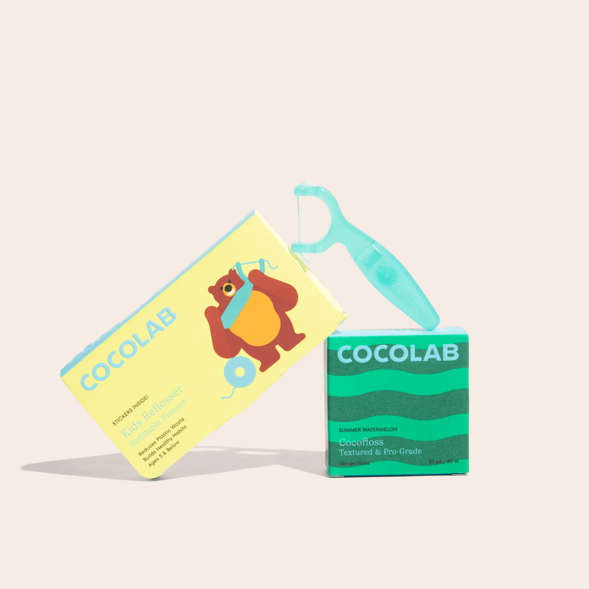 Cocolab product packaging including a box, card, and green tool on a beige background