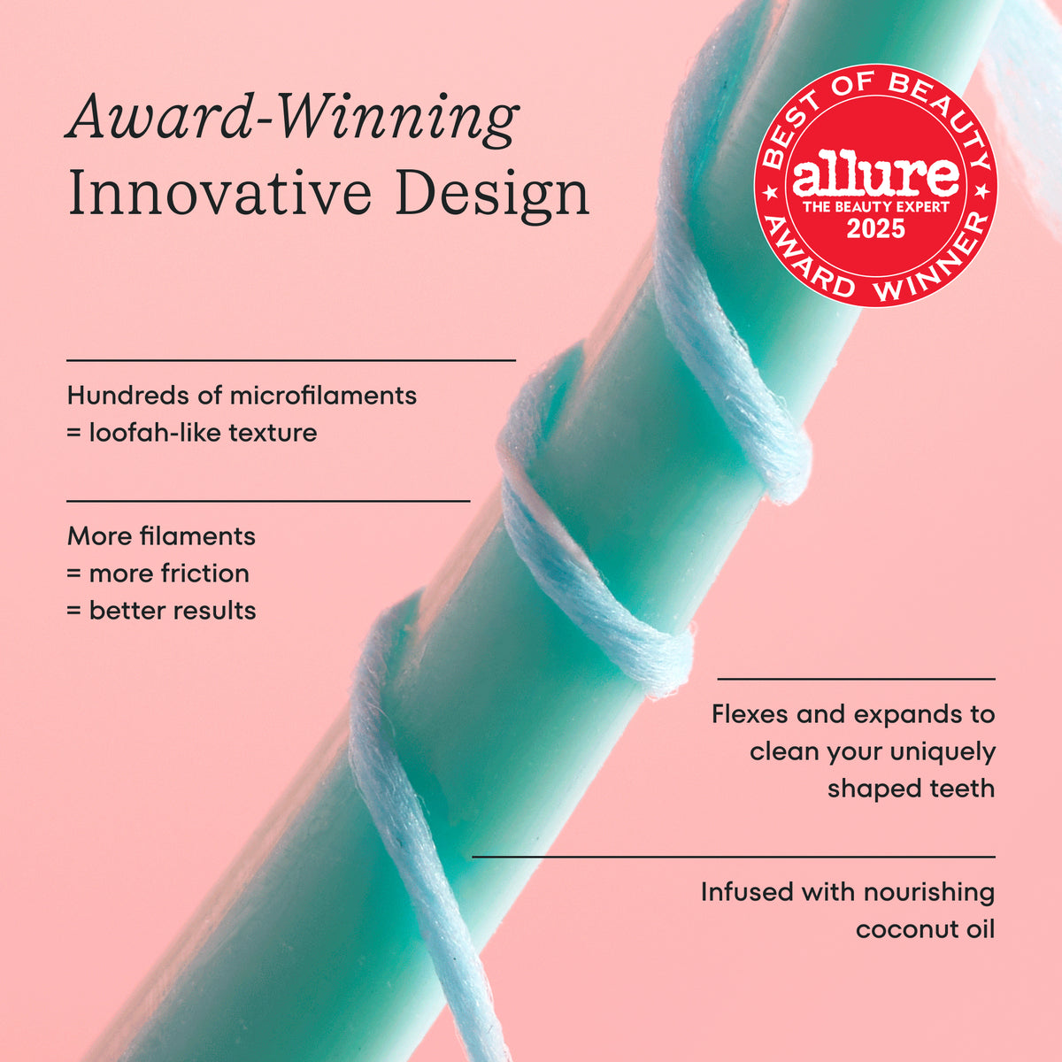 Teal dental tool with Allure Award Winner badge on pink background