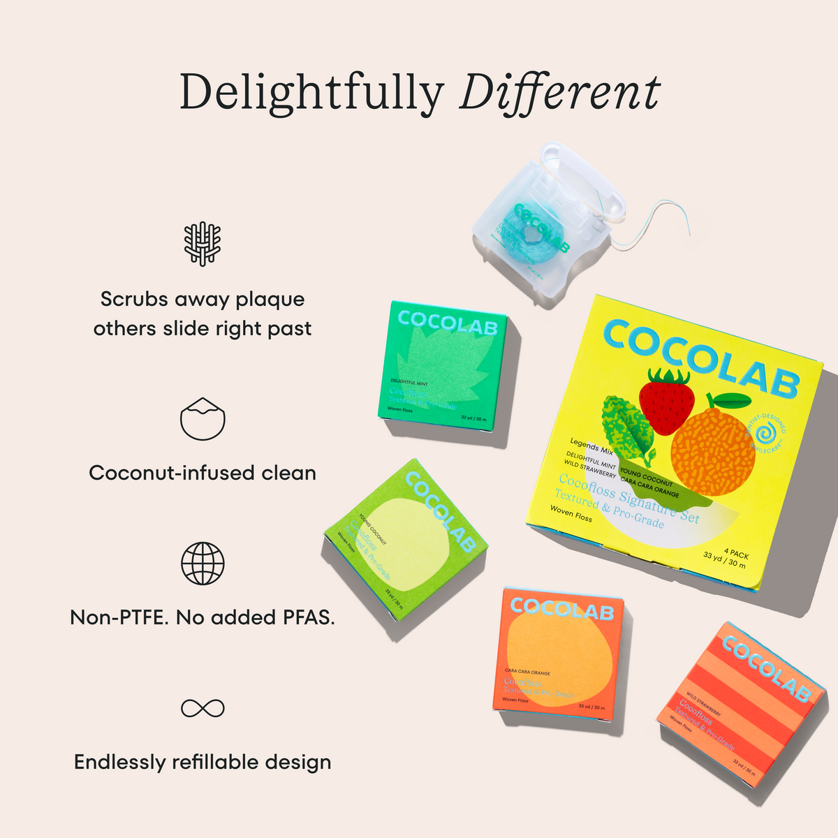 Cocolab dental product packaging with features listed on a light beige background