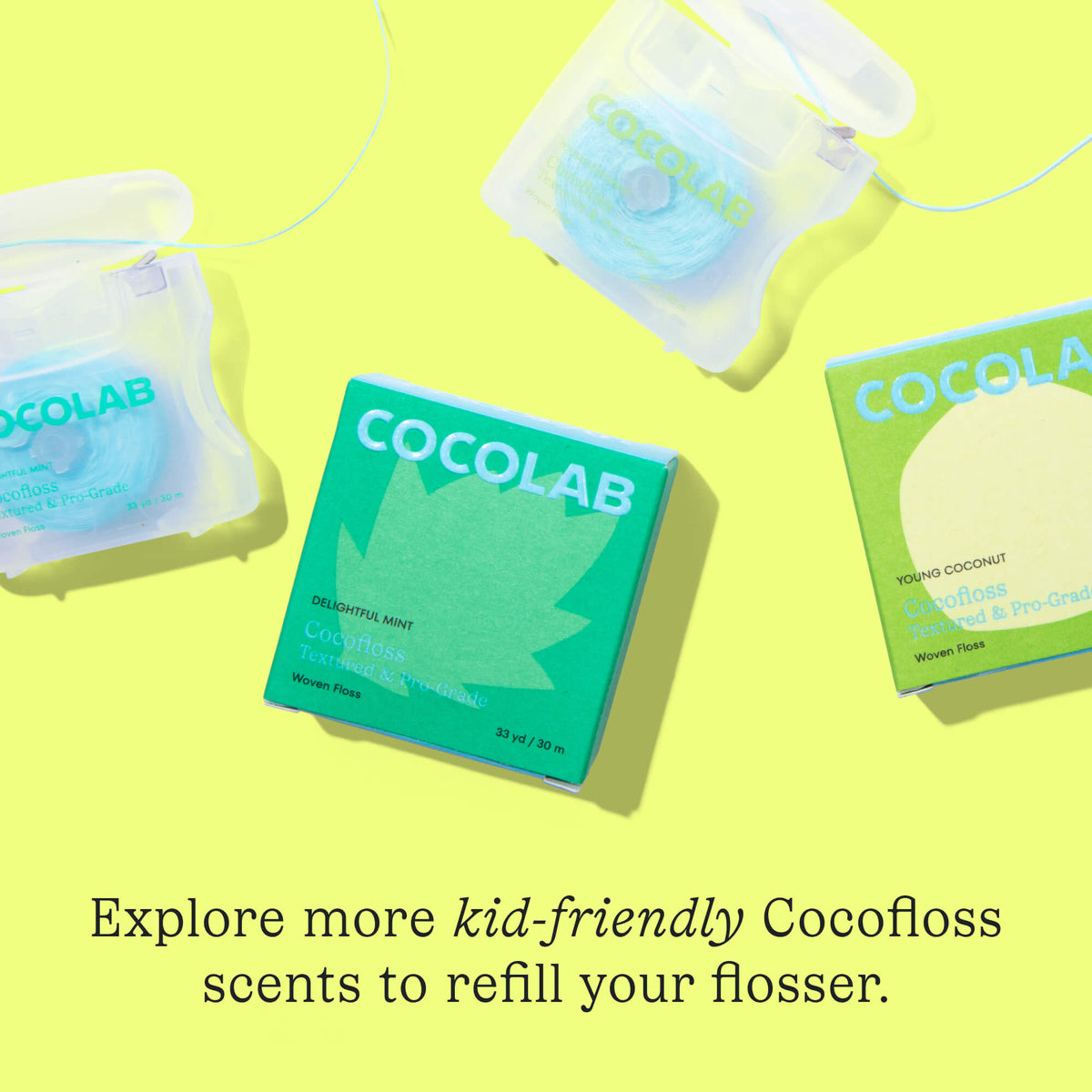 Cocolab floss packaging on a yellow background with text promoting kid-friendly floss refills.