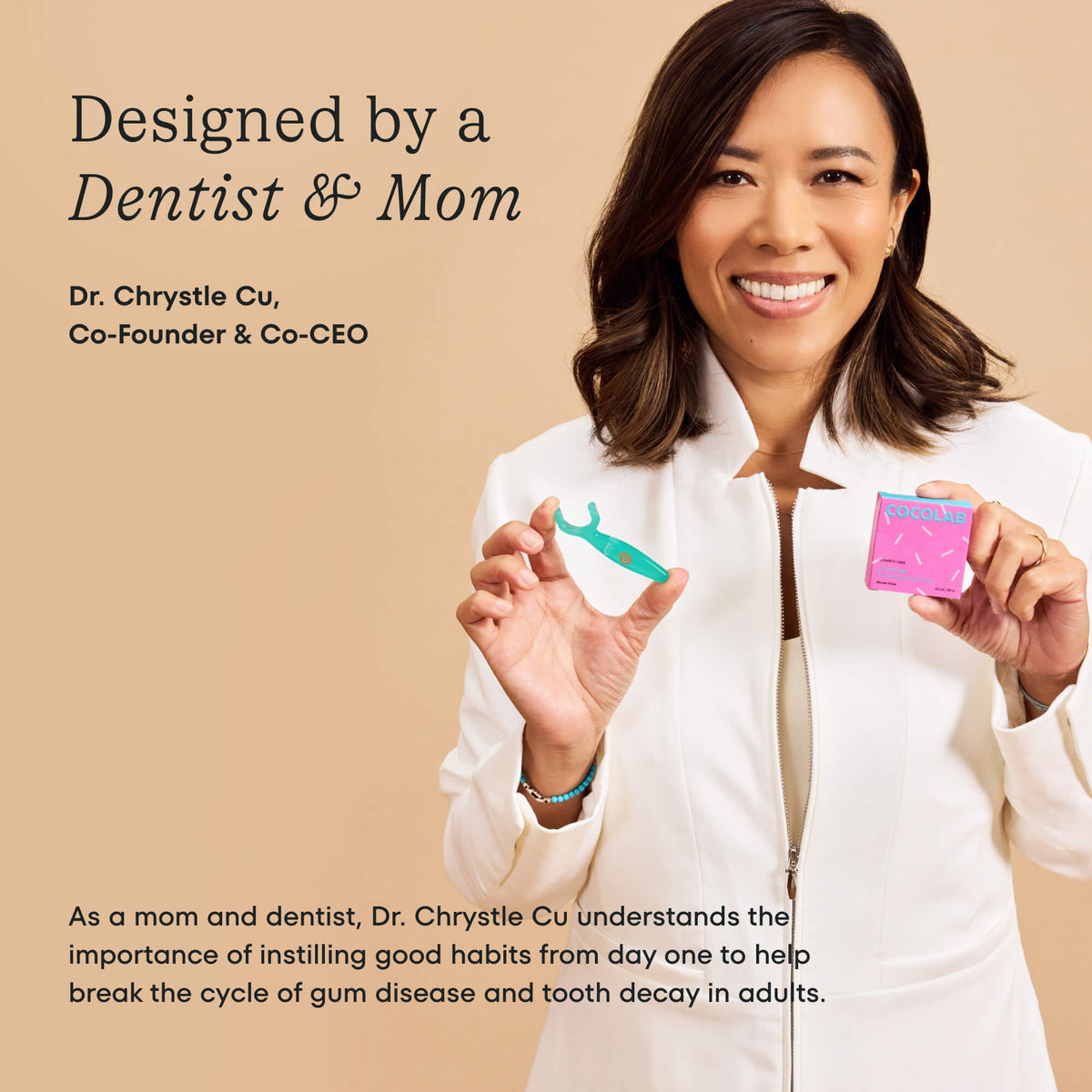 Dr. Chrystle Cu. holding dental tools with text about a dentist and mom