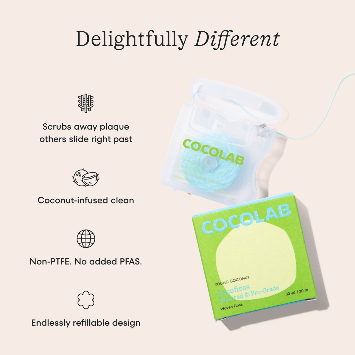 Cocolab product packaging with text highlighting features on a beige background