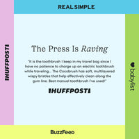 Promotional graphic with text about a toothbrush, featuring logos from Huffpost, BuzzFeed, and Babylist.