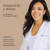 Dr. Chrystle Cu in a white coat with text about Cocobrush