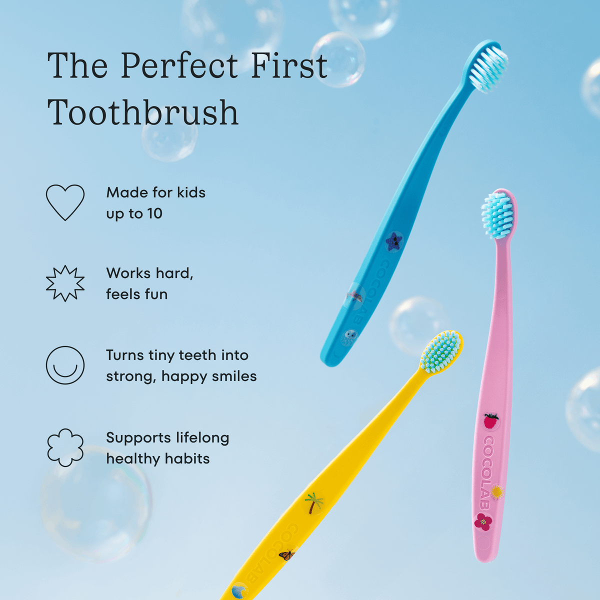 Three children's toothbrushes on a blue background with text about their features.