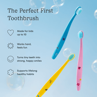 Three children's toothbrushes on a blue background with text about their features.