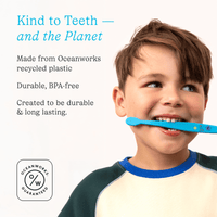 Child using a blue toothbrush with text about ocean-friendly materials on a white background