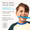 Child using a blue toothbrush with text about ocean-friendly materials on a white background