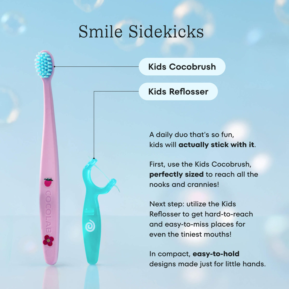 Pink toothbrush and blue reflosser with text on a light blue background