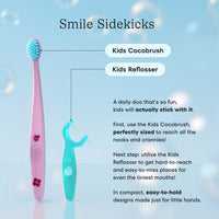 Pink toothbrush and blue reflosser with text on a light blue background