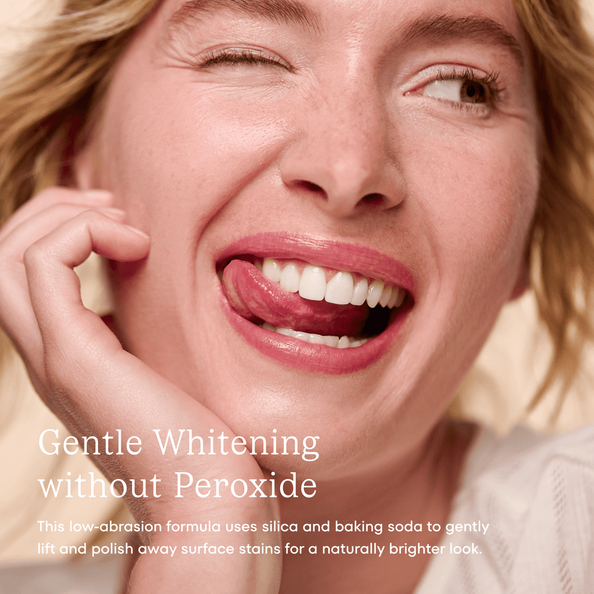 Woman with a bright smile and text about teeth whitening in just 1 week.