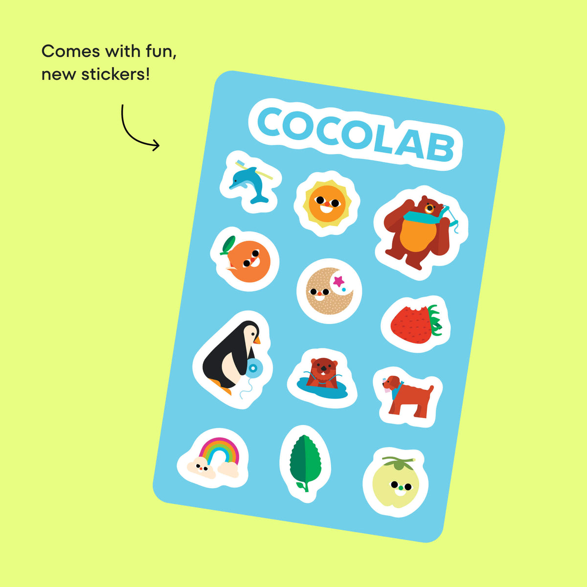 Sticker sheet with various illustrations on a blue background, featuring the brand 'Cocolab'.