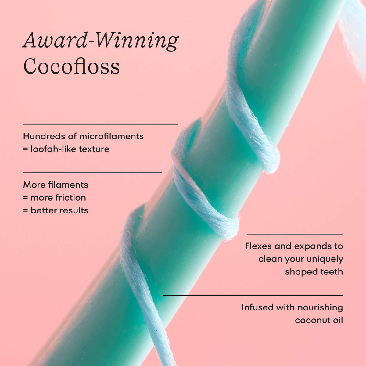 Teal dental floss with text on a pink background