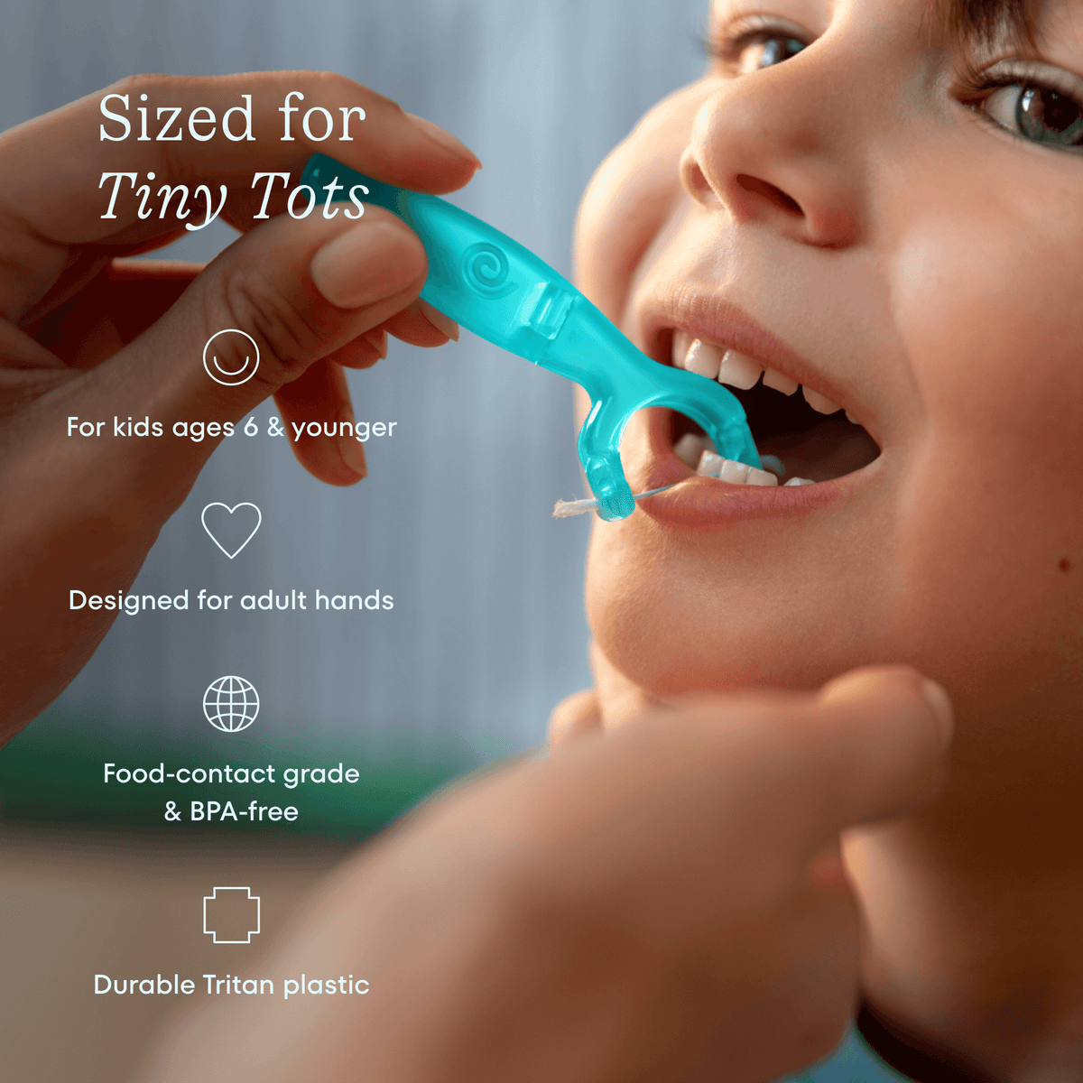 Teal children's toothbrush being used on a child's teeth with product features listed.