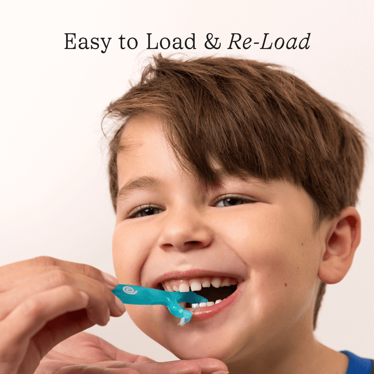 Child brushing teeth with a blue toothbrush, text 'Easy to Load & Re-Load' above.