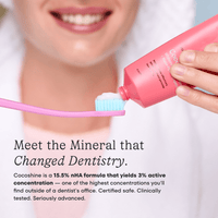 Person using a pink toothbrush with a visible brand name, with text about Cocoshine dental product.