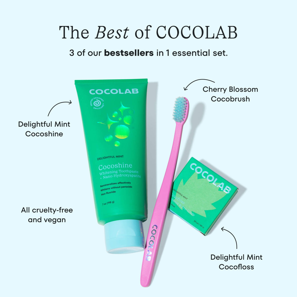 Cocolab dental care products including a tube, brush, and packaging on a white background