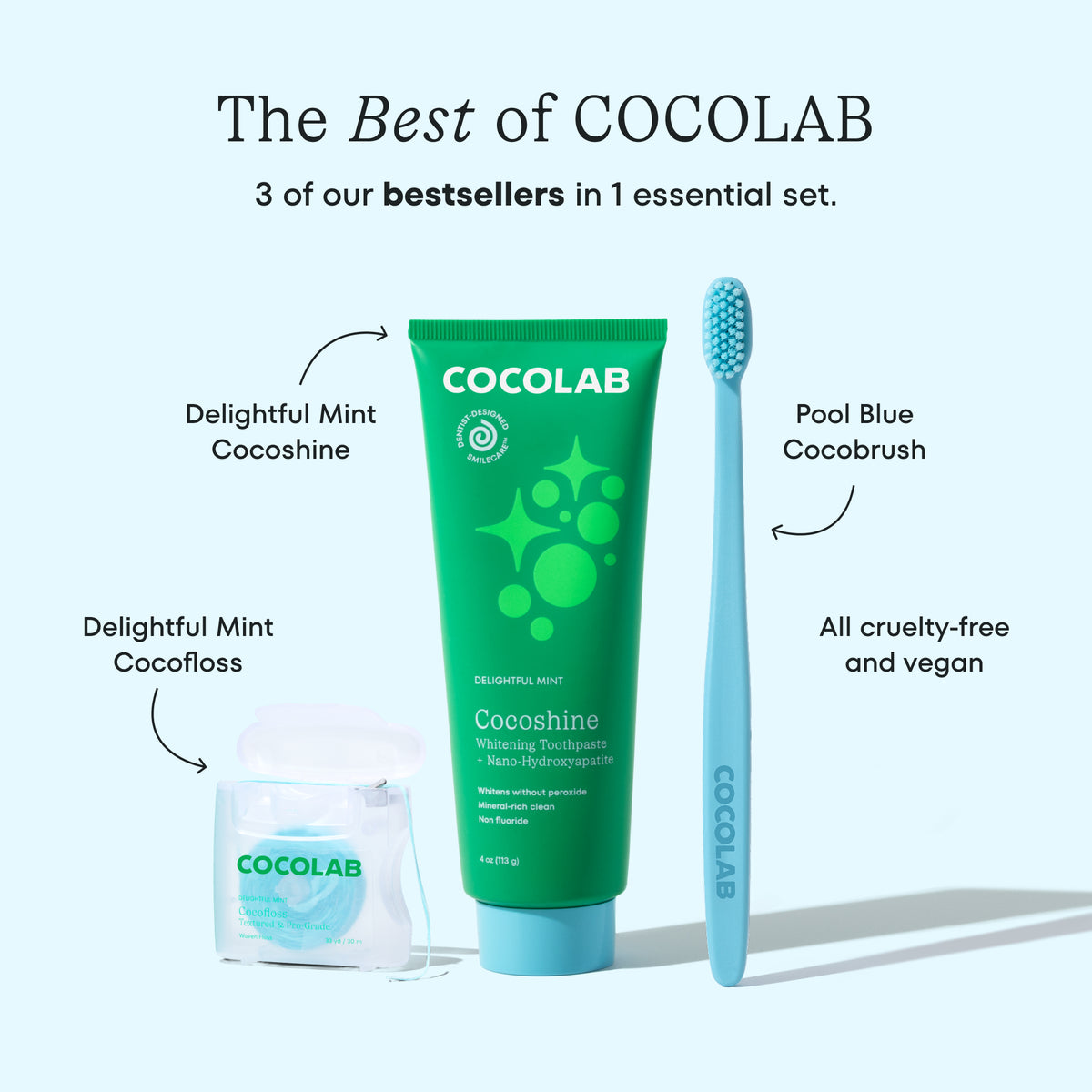 Cocolab dental care product set with toothpaste, brush, and floss on a light gray background