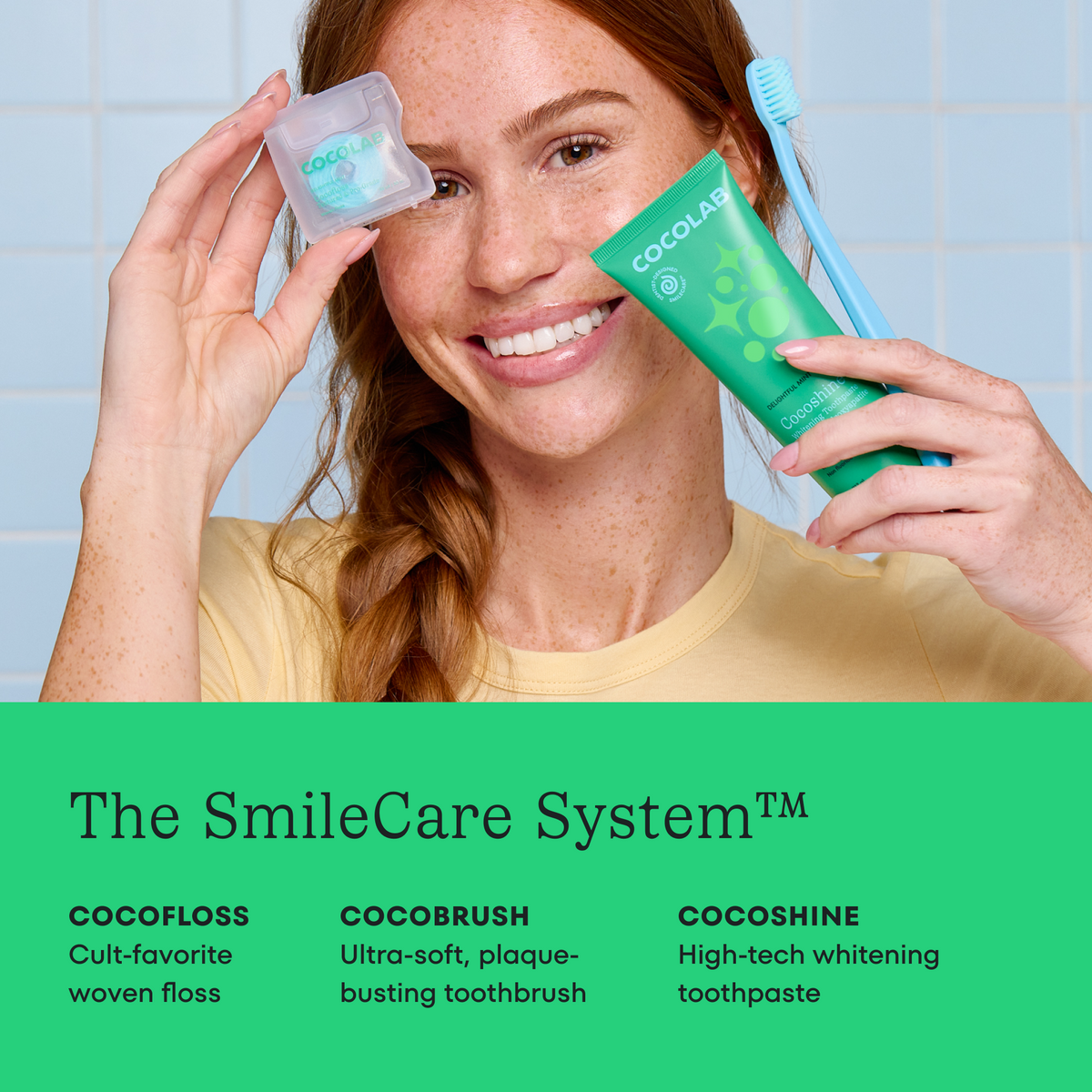 Woman holding COCOPLAB products with a green banner displaying 'The SmileCare System'.