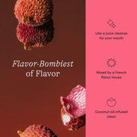 Product advertisement with lychee fruits and text on a split background