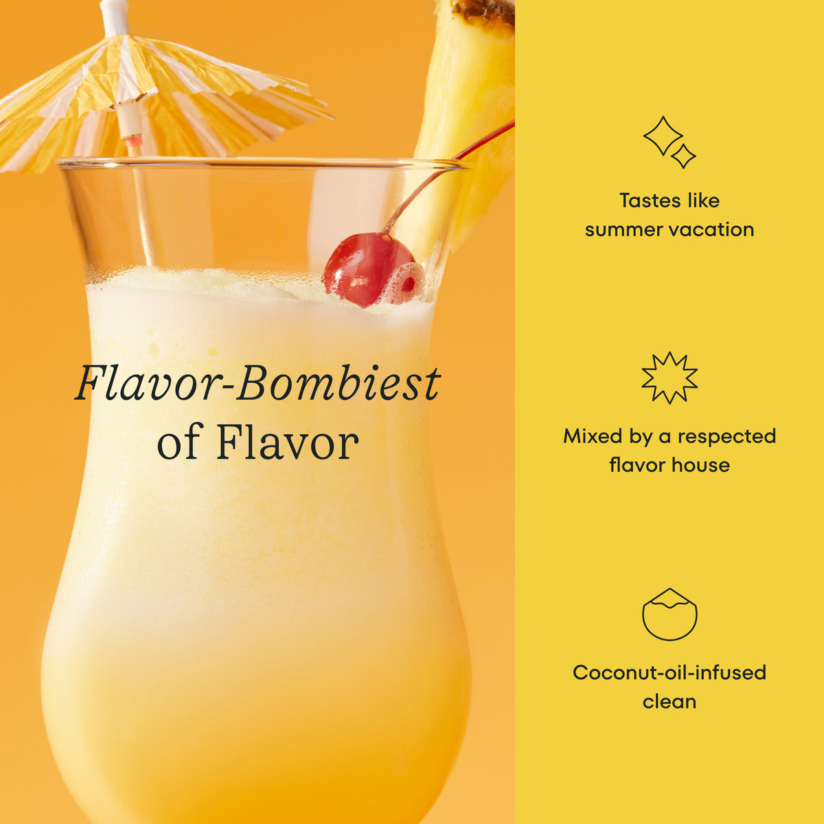 Coconut milkshake with cherry and umbrella on a yellow background, featuring text about flavor and ingredients.