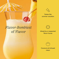 Coconut milkshake with cherry and umbrella on a yellow background, featuring text about flavor and ingredients.