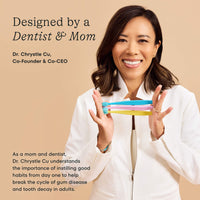 Dr. Chrystle Cu. holding kids cocobrushes with text about a dentist and mom.